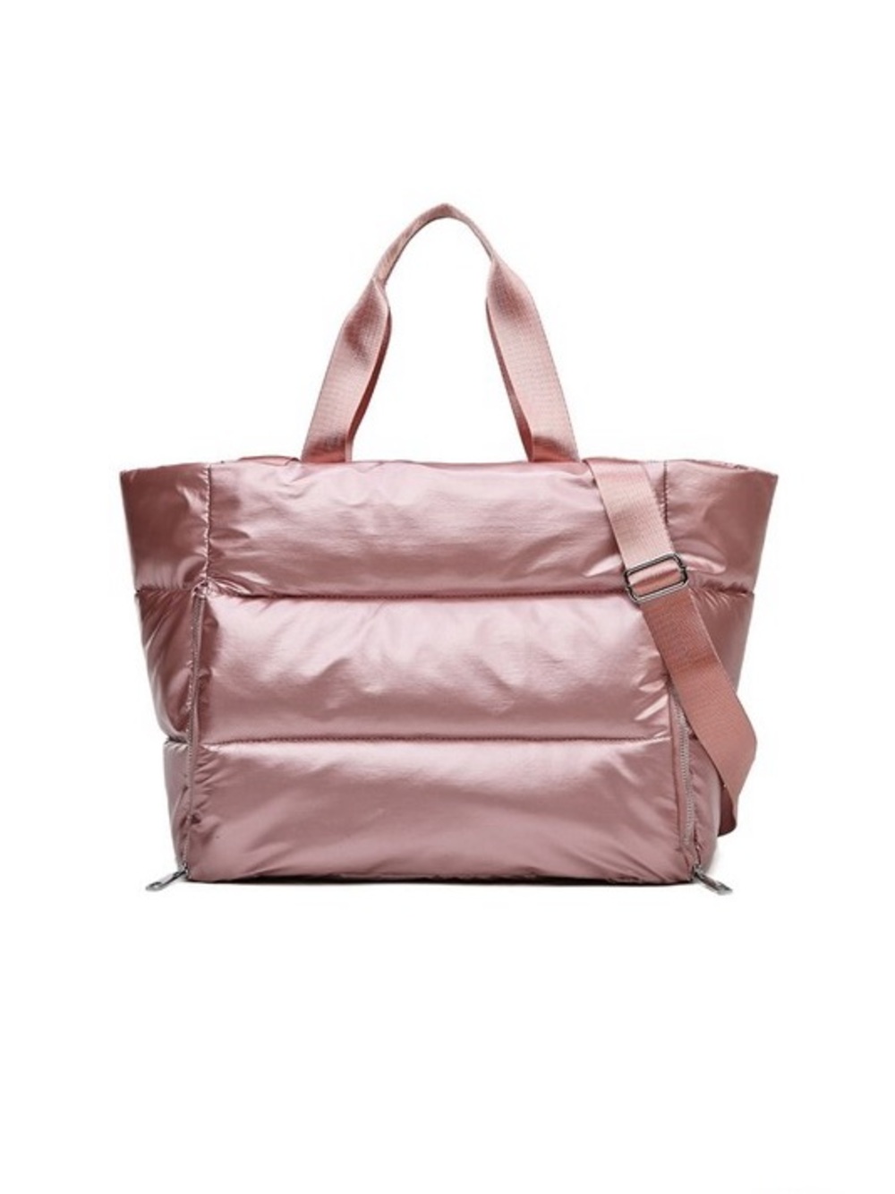 NWT Zenana Metallic Pink Puffer Tote Bag Quilted Travel Gym Duffle Crossbody